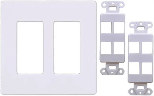 Alt view image 4 of 5 - White 2-Gang Screwless Decora Wall Plate Cover with 4-Port Keystone Jack Insert