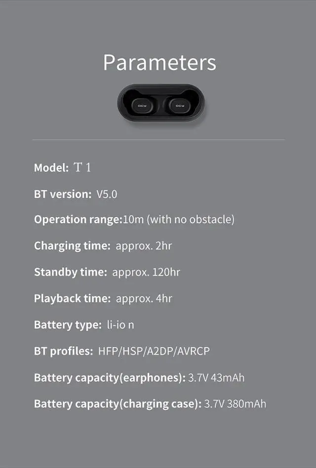 Alt view image 7 of 7 - QCY T1 TWS Dual Bluetooth 5.0 Earphones with Mic Charging Box Noise Reduction - Black