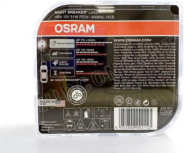 Alt view image 4 of 4 - HB4 (9006) - Osram Night Breaker Laser +150% 9006NL-HCB Bulbs (Pack of 2)