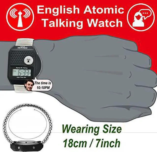 Alt view image 2 of 4 - Atomic Top Button English Talking watch for Seniors Blind Men Women - Talking Loud Sound Talking Clock Gift for Visually Impaired - for UK and USA User only - Model 1095 - Metal Elastic Band
