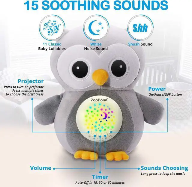 Alt view image 6 of 7 - ZooPond Owl Baby Night Light and Sound Machine, Crib Toys with Music and Lights, Infant Sleep Aid, White Noise Machine for Baby (Gray)