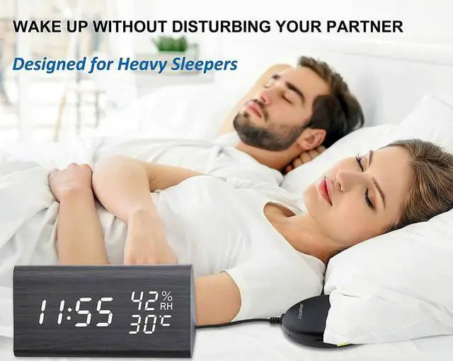Alt view image 3 of 7 - CoolFire Wooden Vibrating Alarm Clock for Heavy Sleepers Adults, Loud Alarm Clock for Heavy Sleepers, Bed Shaker Alarm Clock, Smart Alarm Clock, Digital Alarm Clock, Bedroom Decorations (Black)