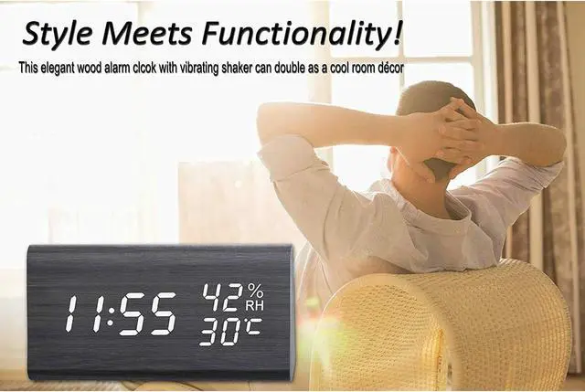 Alt view image 2 of 7 - CoolFire Wooden Vibrating Alarm Clock for Heavy Sleepers Adults, Loud Alarm Clock for Heavy Sleepers, Bed Shaker Alarm Clock, Smart Alarm Clock, Digital Alarm Clock, Bedroom Decorations (Black)
