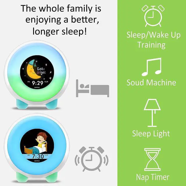 Alt view image 3 of 7 - Maximal Power Full-Color Mobile Display Alarm Clock for Kids, Kids Alarm Clock, Kids Night Light, Ok to Wake Clock, Wake Up Light, Toddler Clock GRO Clock Z06E (Green base, AC Plug)
