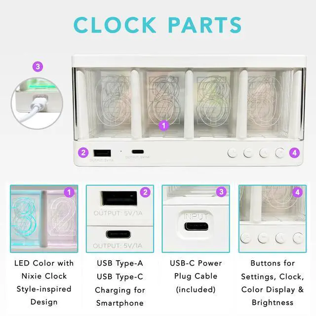 Alt view image 3 of 7 - Maximal Power Vintage Glow Alarm Clock Nixie Style with Wireless Charger Station for Smartphones - LED Light Multicolor Number Display - White Base