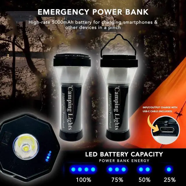 Alt view image 2 of 7 - Maximal Power Rechargeable LED Camping Lantern Flashlight Powerbank 5000mAh USB-C Charging Cord for Camping Emergency Outdoors