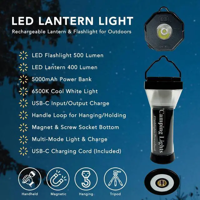 Alt view image 3 of 7 - Maximal Power Rechargeable LED Camping Lantern Flashlight Powerbank 5000mAh USB-C Charging Cord for Camping Emergency Outdoors