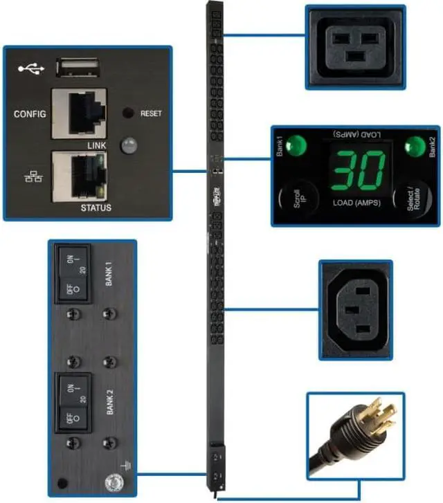 Alt view image 4 of 12 - Tripp Lite 5 / 5.8 kW Single-Phase Monitored PDU, LX Interface, 208 / 240V Outlets (36 x C13 / 6 x C19), L6-30P, 10.0 Feet Cord, 0U Height, TAA (PDUMNV30HV2LX)