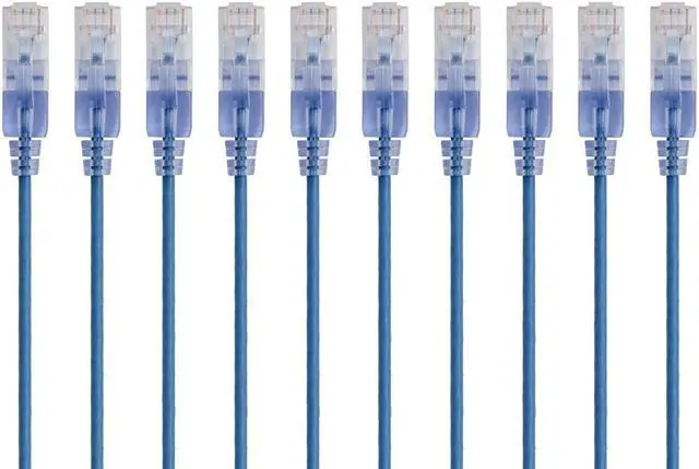 Main image of Monoprice SlimRun Cat6A Ethernet Patch Cable - Network Internet Cord - RJ45, 550Mhz, UTP, Pure Bare Copper Wire, 10G, 30AWG, 1ft, Blue, 10-Pack
