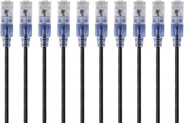 Main image of Monoprice SlimRun Cat6A Ethernet Patch Cable - Network Internet Cord - RJ45, 550Mhz, UTP, Pure Bare Copper Wire, 10G, 30AWG, 5ft, Black, 10-Pack