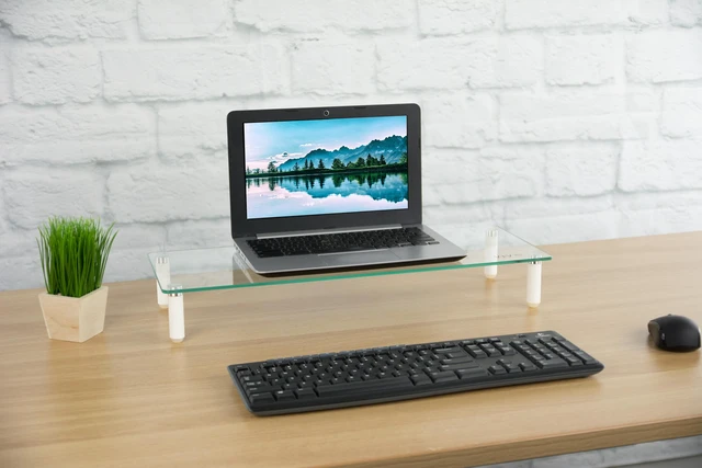Vivo Computer Hand Riser VIVO Glass Ergonomic Tabletop Riser / Desktop Stand for LCD Monitor ...