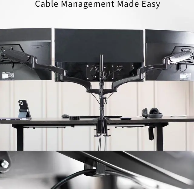 Alt view image 7 of 15 - VIVO Triple Monitor Desk Mount, 2 Pneumatic Arms + 1 Fixed, Heavy Duty, Adjustable, 3 Screens up to 32" (STAND-V300G)