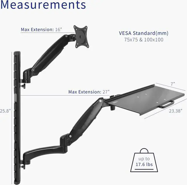 Alt view image 3 of 15 - VIVO Black Sit-Stand Wall Mount Pneumatic Spring Monitor & Keyboard Workstation, Screens up to 27" (STAND-SIT1K)