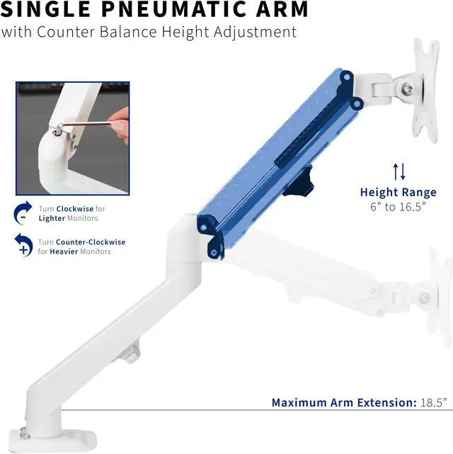 Alt view image 5 of 14 - VIVO White Articulating Single Pneumatic Spring Arm Clamp-on Desk Mount Stand | Fits 1 Monitor 17" to 27" (STAND-V101OW)