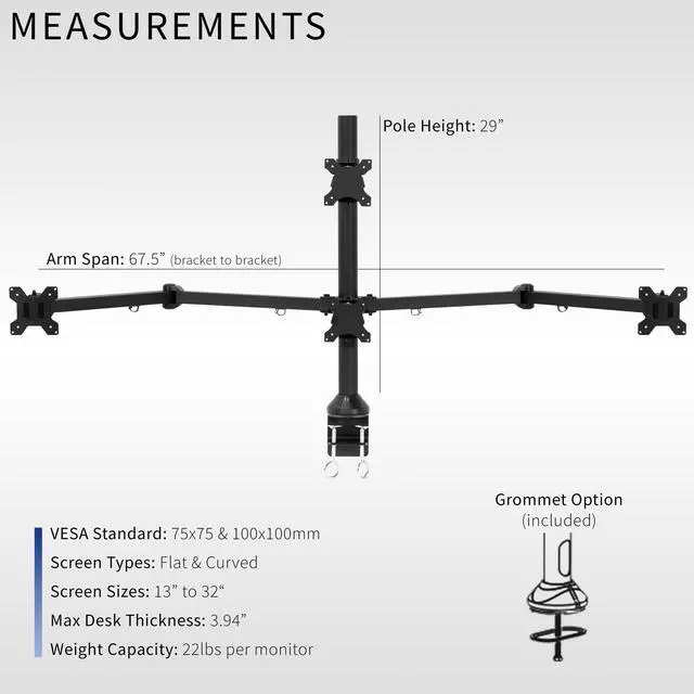 Alt view image 3 of 14 - VIVO Steel Quad Monitor Heavy Duty Desk Mount 3 + 1 Fully Adjustable Stand | Holds 4 Screens up to 32" (STAND-V104A)