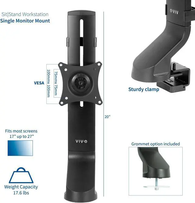 Alt view image 2 of 7 - VIVO Black Single Monitor Sit-Stand Workstation Compatible Adjustable Arm for One (1) Screen up to 32" (STAND-V001U)