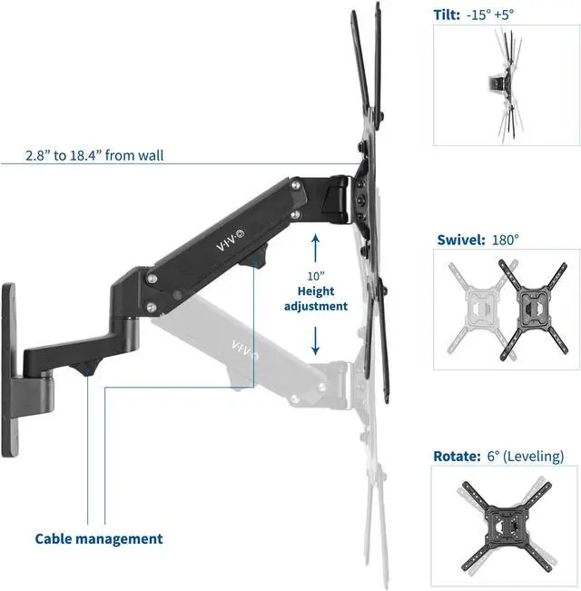 Alt view image 3 of 7 - VIVO Black Premium Aluminum Single TV Wall Mount Arm for Screens up to 55"
