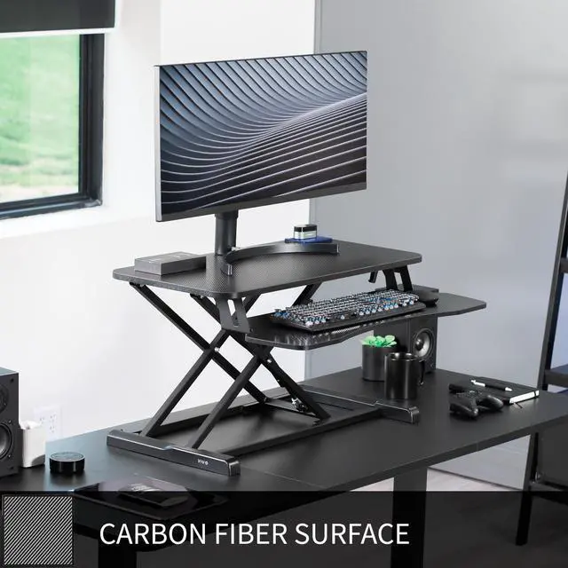 Alt view image 2 of 7 - VIVO Black Carbon Fiber Height Adjustable Standing Desk Riser, 32" Sit Stand Tabletop Workstation (DESK-V000KR)