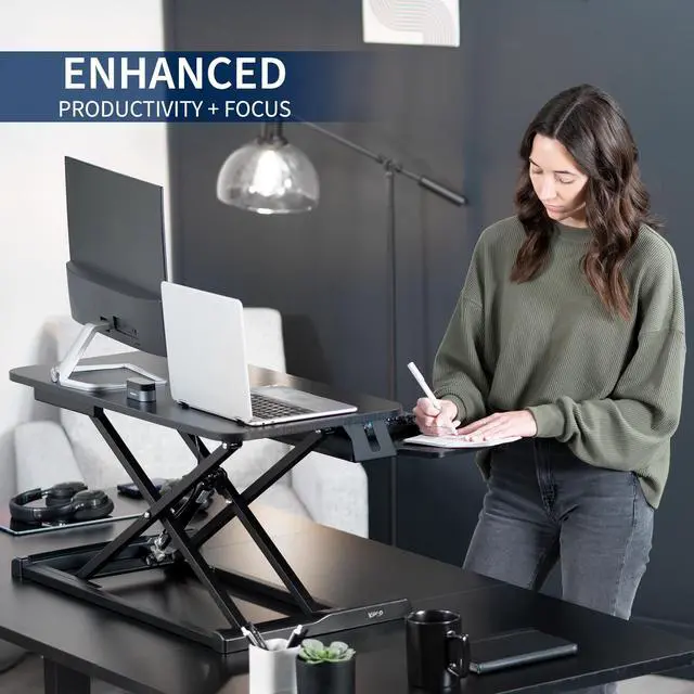 Alt view image 4 of 7 - VIVO Black Carbon Fiber Height Adjustable Standing Desk Riser, 32" Sit Stand Tabletop Workstation (DESK-V000KR)