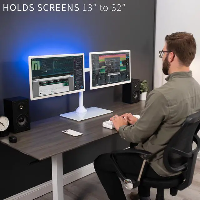 Alt view image 4 of 14 - VIVO White Dual Monitor Stand Adjustable Mount w/ Freestanding Glass Base for Two Screens up to 32" (STAND-V002FGW)