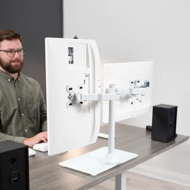 Alt view image 7 of 14 - VIVO White Dual Monitor Stand Adjustable Mount w/ Freestanding Glass Base for Two Screens up to 32" (STAND-V002FGW)