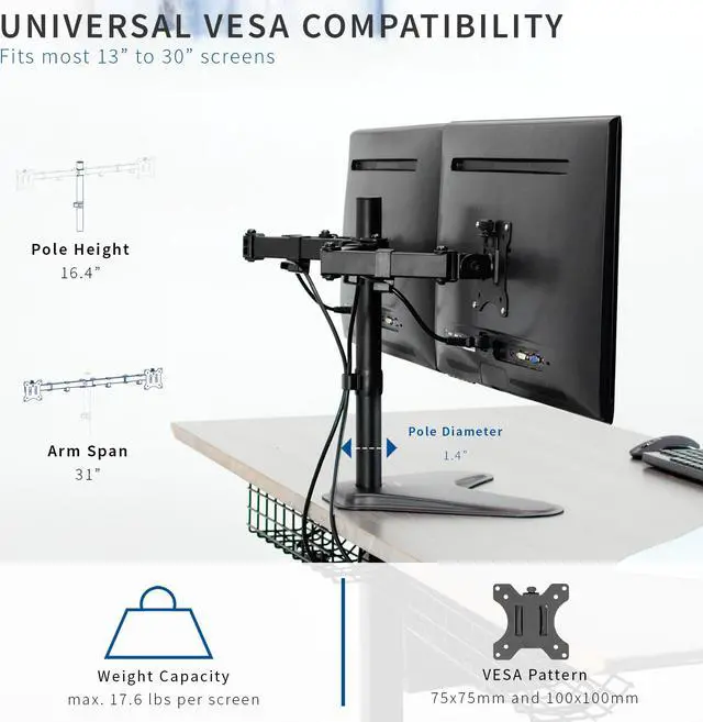 Alt view image 3 of 7 - VIVO Dual 13" to 30" Monitor Free Standing Desk Mount Stand, Heavy Duty, Fully Adjustable | Fits 2 Screens (STAND-V200F)