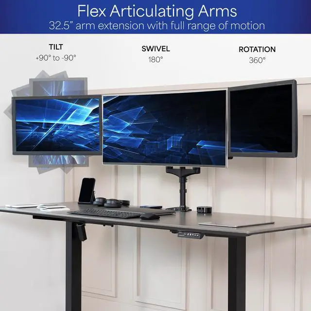 Alt view image 3 of 15 - VIVO Triple Monitor Desk Mount, 2 Pneumatic Arms + 1 Fixed, Heavy Duty, Adjustable, 3 Screens up to 32" (STAND-V300G)