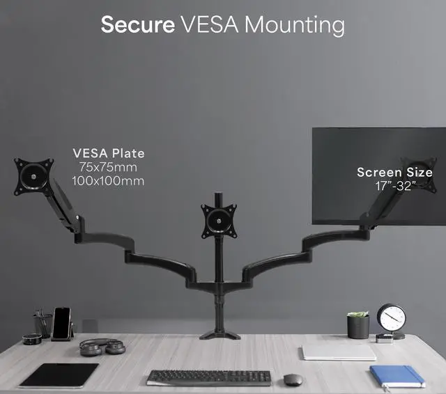 Alt view image 4 of 15 - VIVO Triple Monitor Desk Mount, 2 Pneumatic Arms + 1 Fixed, Heavy Duty, Adjustable, 3 Screens up to 32" (STAND-V300G)