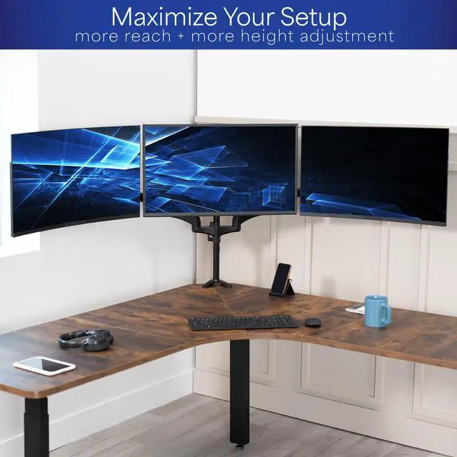 Alt view image 5 of 15 - VIVO Triple Monitor Desk Mount, 2 Pneumatic Arms + 1 Fixed, Heavy Duty, Adjustable, 3 Screens up to 32" (STAND-V300G)