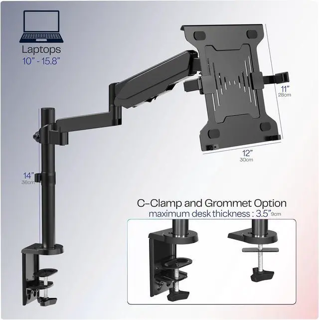 Alt view image 3 of 15 - VIVO 10" to 15.6" Single Laptop Stand Desk Mount, Adjustable Pneumatic Arm Notebook Holder (STAND-V101L)