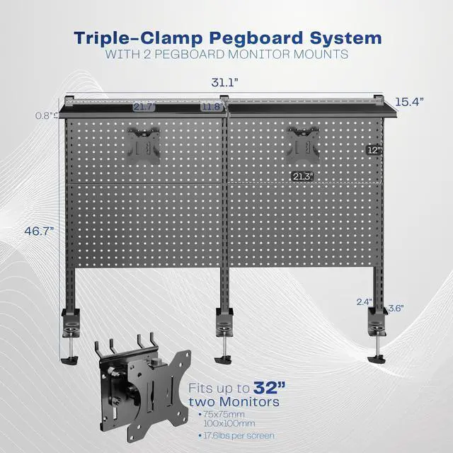 Alt view image 2 of 6 - VIVO Steel Triple Clamp 47 x 31 inch Desk Pegboard System with 2 Monitor Mounts and Storage Shelf, PP-DK48SB