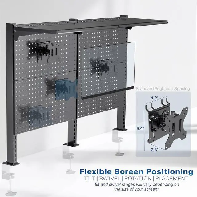 Alt view image 4 of 6 - VIVO Steel Triple Clamp 47 x 31 inch Desk Pegboard System with 2 Monitor Mounts and Storage Shelf, PP-DK48SB