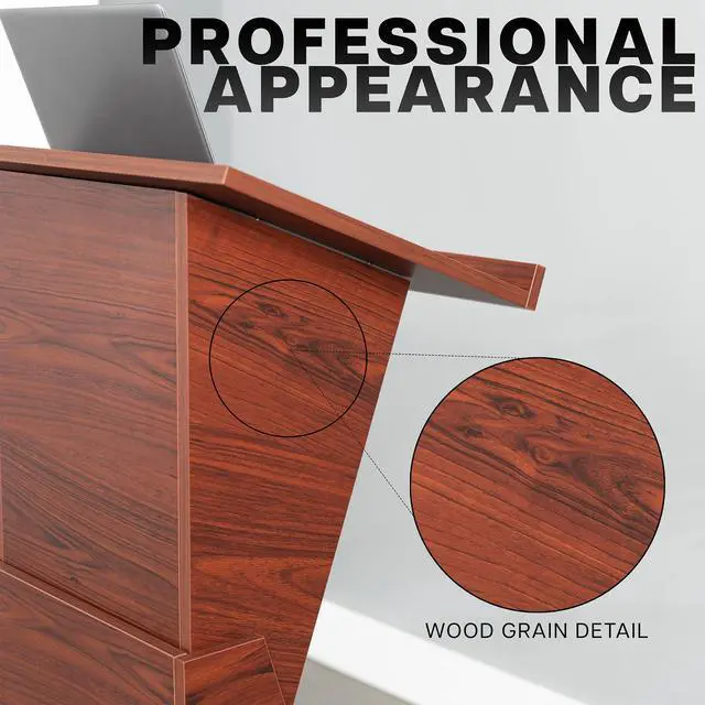 Alt view image 7 of 7 - VIVO Pneumatic Height Adjustable Podium, Lectern with 24 inch Platform and Storage Shelves, Dark Walnut, STAND-PDMH