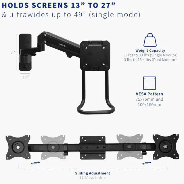 Alt view image 3 of 7 - VIVO Dual Monitor Pneumatic Wall Mount, Fits 2 Screens up to 27" or 1 up to 49"