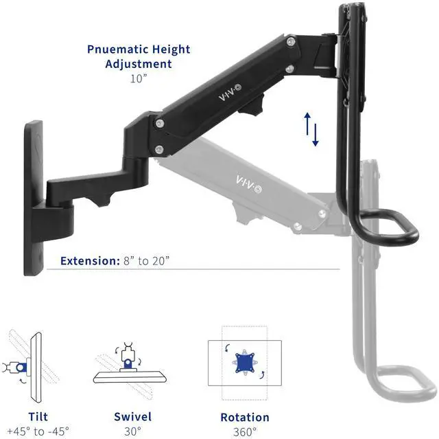 Alt view image 4 of 7 - VIVO Dual Monitor Pneumatic Wall Mount, Fits 2 Screens up to 27" or 1 up to 49"