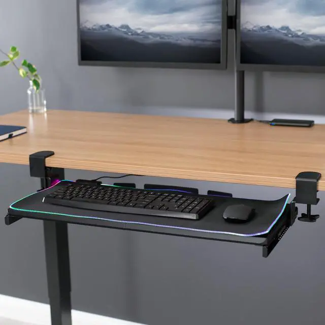 Alt view image 2 of 7 - VIVO Clamp-on Computer Keyboard and Mouse Under Desk Slider Tray with RGB Pad