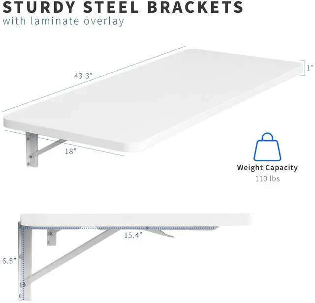 Alt view image 2 of 7 - VIVO White Wall Mounted Folding 43 inch Workbench, Fold Away Workstation with Adjustable Steel Brackets (MOUNT-SF1FW)