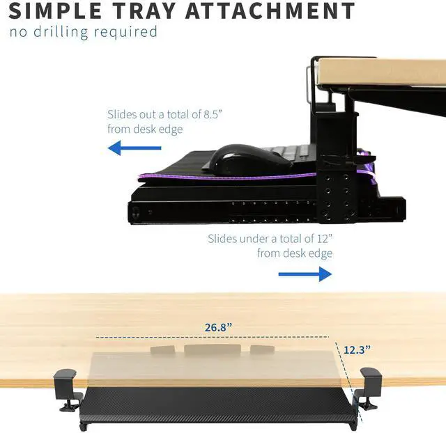 Alt view image 6 of 7 - VIVO Black Clamp-on Height Adjustable Under Desk Keyboard Tray with RGB Pad, 27" x 11" Gaming Platform (MOUNT-KB05GP)