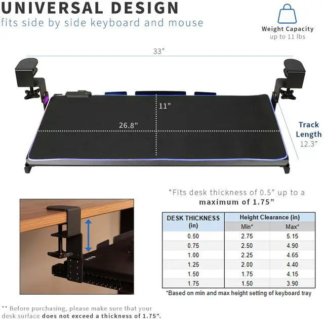 Alt view image 5 of 7 - VIVO Black Clamp-on Height Adjustable Under Desk Keyboard Tray with RGB Pad, 27" x 11" Gaming Platform (MOUNT-KB05GP)