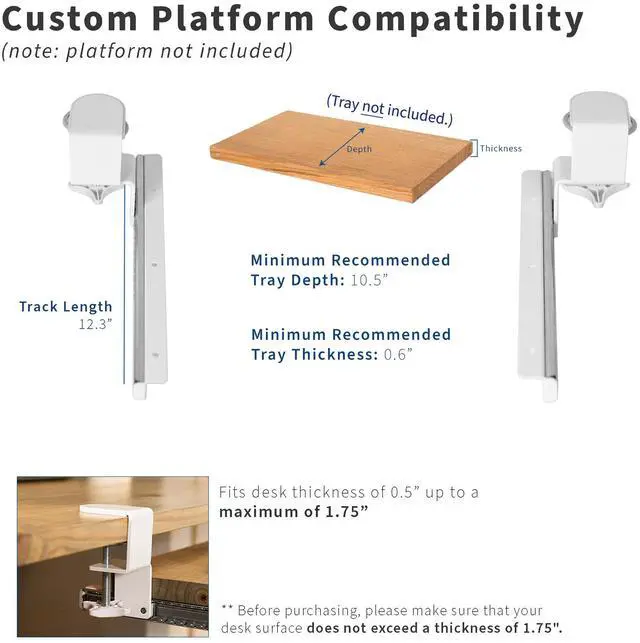 Alt view image 3 of 7 - VIVO White Extra Sturdy Clamps & Rails for Custom Wood Keyboard Tray - Pack of 2