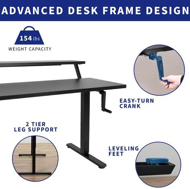 Alt view image 3 of 7 - VIVO Manual 55 x 30 Stand Up Desk, Black Dual Tier Table Top, Black Frame