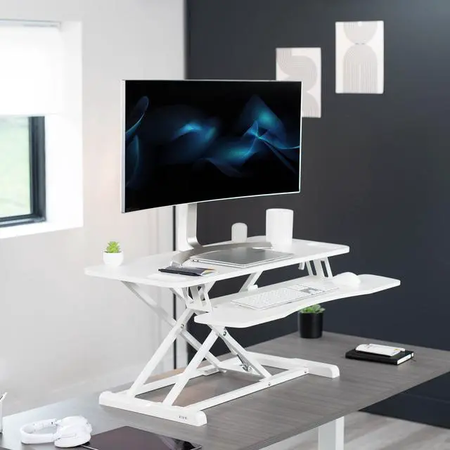 Alt view image 2 of 7 - VIVO White Height Adjustable Extra Wide 38" Standing Desk Monitor Riser, Sit Stand Desktop Converter (DESK-V037KW)