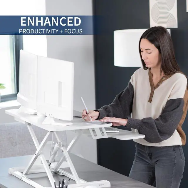 Alt view image 4 of 7 - VIVO White Height Adjustable Extra Wide 38" Standing Desk Monitor Riser, Sit Stand Desktop Converter (DESK-V037KW)