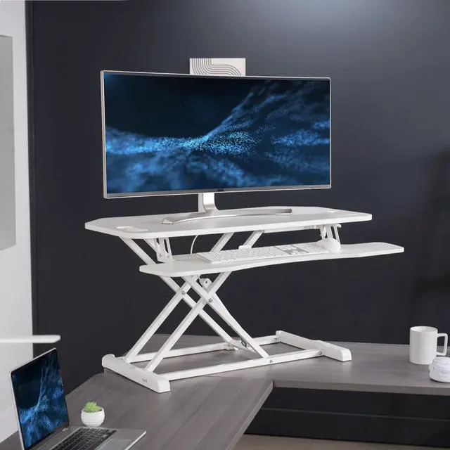 Alt view image 2 of 7 - VIVO White Height Adjustable Corner Desktop Monitor Riser 38" Sit Stand Tabletop