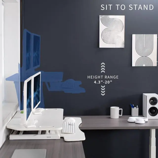 Alt view image 4 of 7 - VIVO White Height Adjustable Corner Desktop Monitor Riser 38" Sit Stand Tabletop