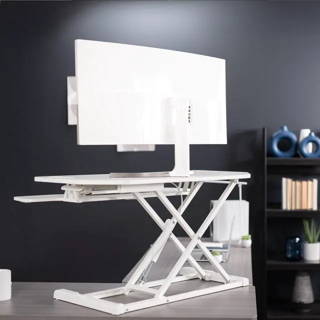 Alt view image 7 of 7 - VIVO White Height Adjustable Corner Desktop Monitor Riser 38" Sit Stand Tabletop