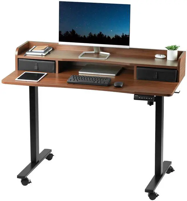 Main image of VIVO Dark Walnut / Black 2 Tier Electric 48" x 24" Mobile Sit Stand Desk
