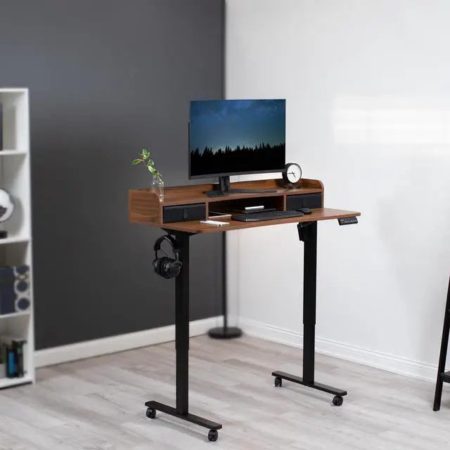 Alt view image 2 of 7 - VIVO Dark Walnut / Black 2 Tier Electric 48" x 24" Mobile Sit Stand Desk