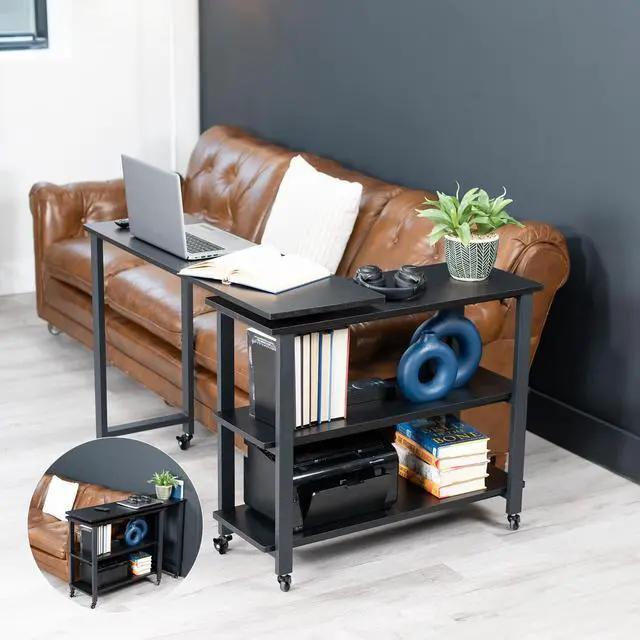 Alt view image 2 of 7 - VIVO Black Swivel Out Sofa Table, Mobile Laptop Desk Cart with 3-Tier Shelving