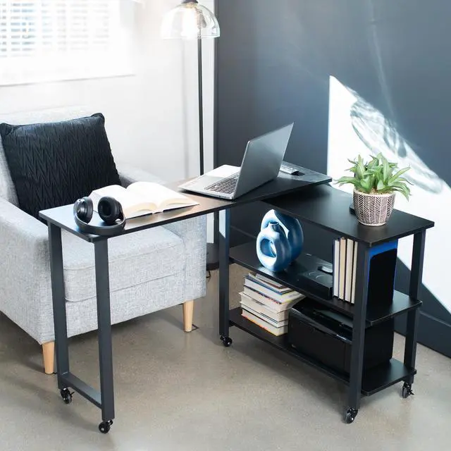 Alt view image 5 of 7 - VIVO Black Swivel Out Sofa Table, Mobile Laptop Desk Cart with 3-Tier Shelving